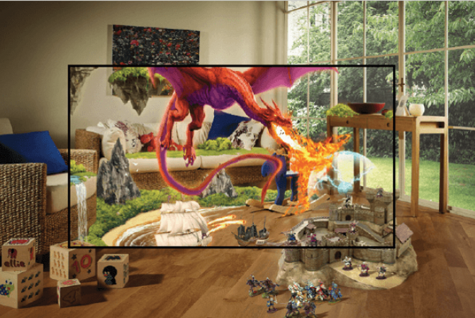 Image de réalité augmentée ajoutant un dragon dans le salon d'une résidence