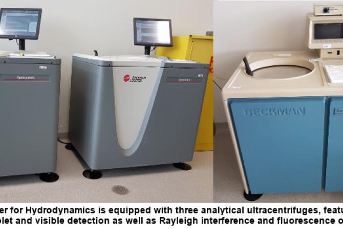 The Center is equipped with three analytical ultracentrifuges featuring multi-wavelength ultraviolet and visible detection as well as Rayleigh interference and fluorescence optics.