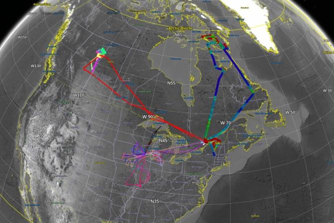 Carte illustrant les diverses trajectoires de vols