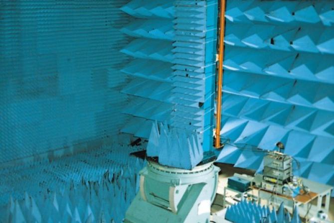 The inside of an anechoic chamber with radio-wave absorbing material applied to the walls, ceiling, and floor