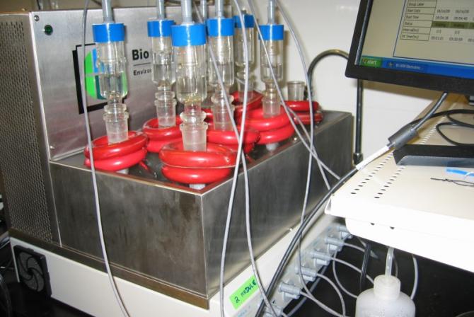 Research instruments (bioreactors) in a metal container