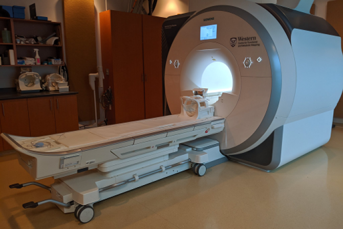 View of the MRI and exam table.