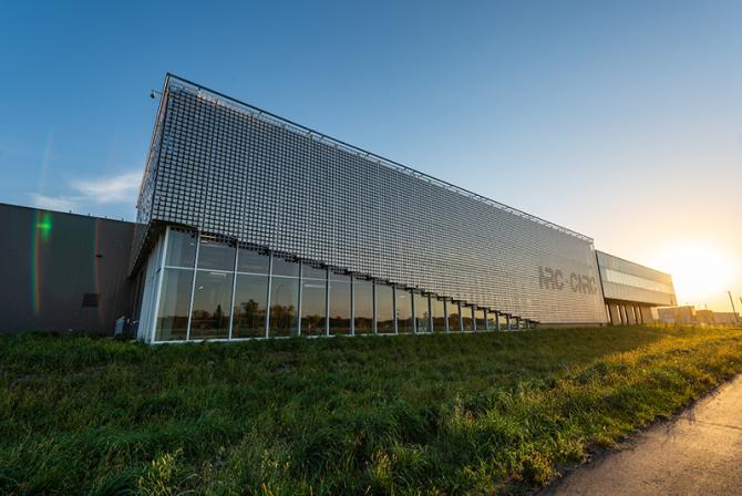 Side view of the NRC advanced manufacturing research facility, including the kinetic wall.
