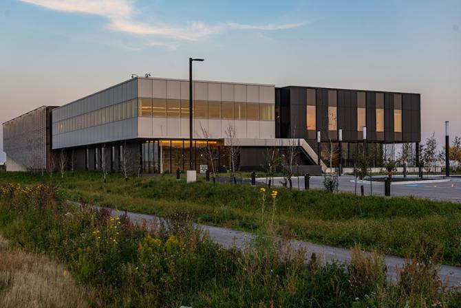 Front view of the main entrance of the NRC advanced manufacturing research facility.