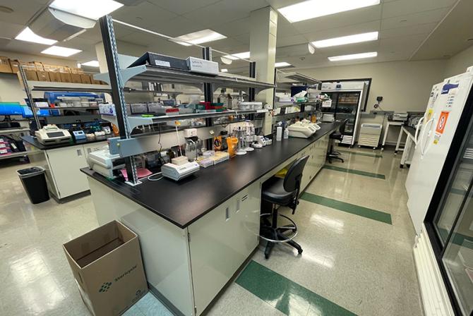 Workstations and equipment in a lab.