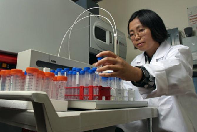A person works with samples