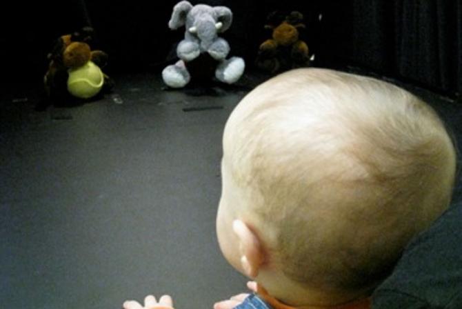 Un nourrisson est assis devant des jouets en peluche